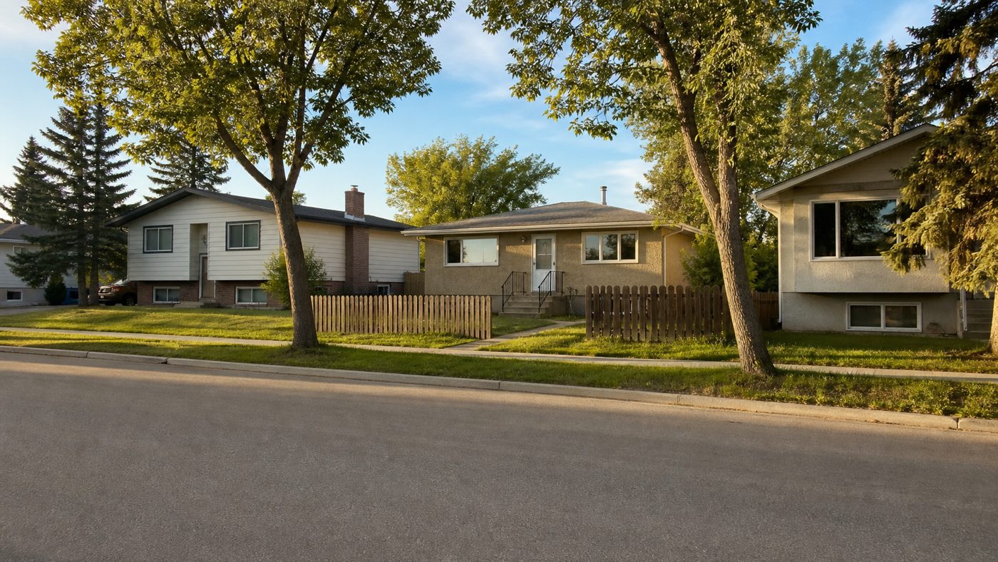 Modest lived-in homes on a tree-lined neighbourhood street